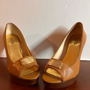 Michael Kors Brown Peep Toe Heels with Gold Accents